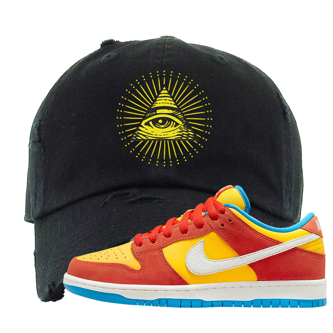 Habanero Red Gold Blue Low Dunks Distressed Dad Hat | All Seeing Eye, Black