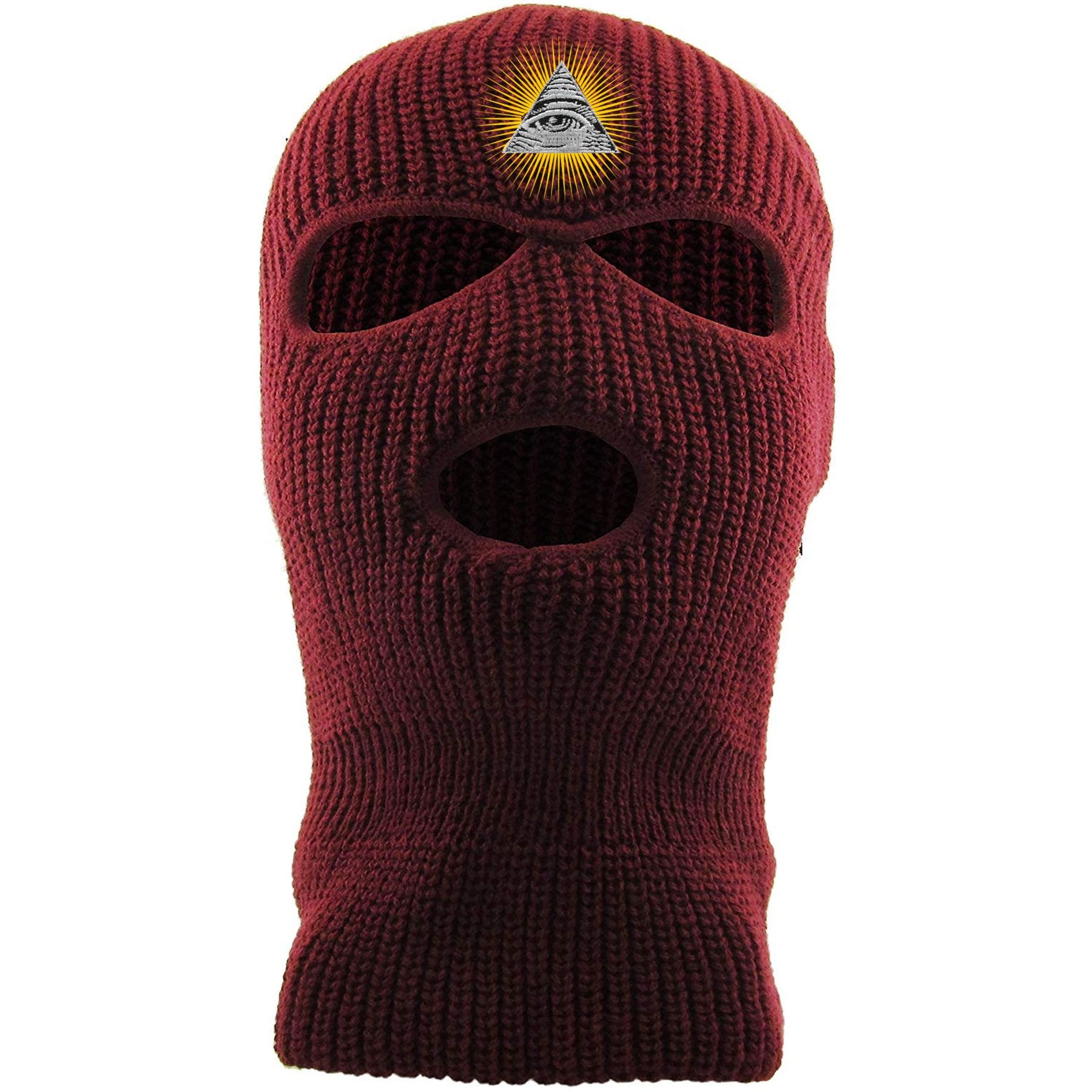 Embroidered on the forehead of the all seeing eye pyramid maroon ski mask is the all seeing eye pyramid embroidered in white, black and gold