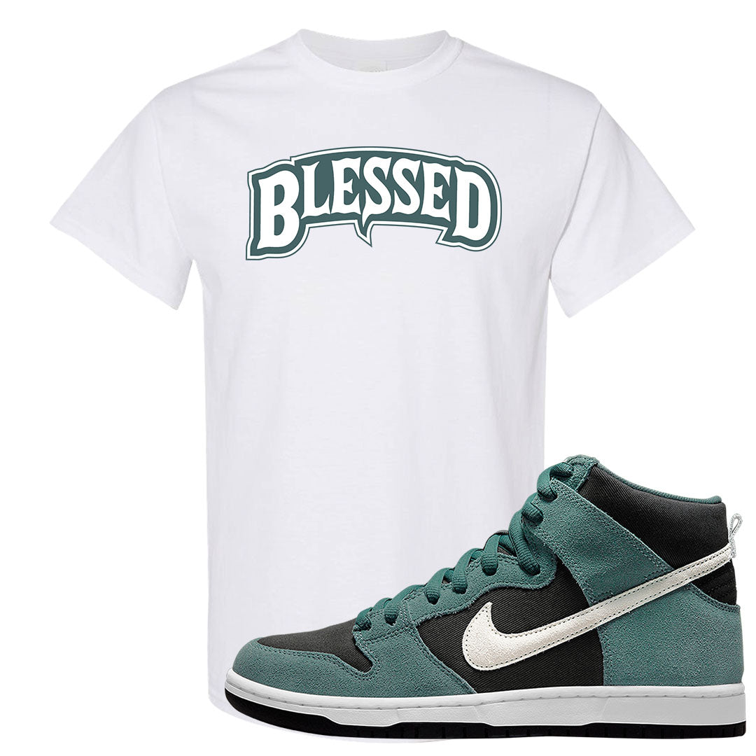 Green Suede High Dunks T Shirt | Blessed Arch, White