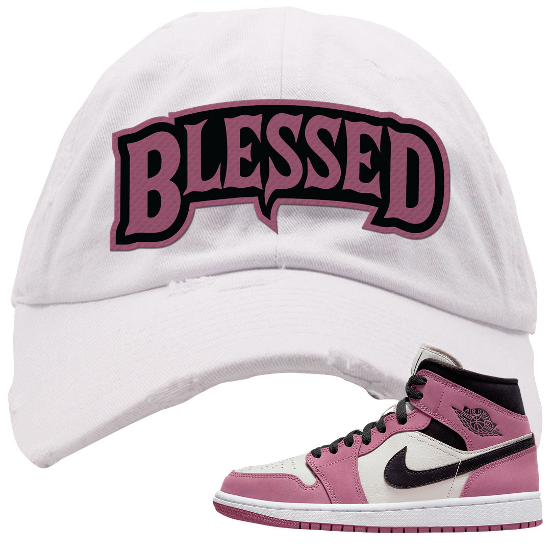 Berry Black White Mid 1s Distressed Dad Hat | Blessed Arch, White