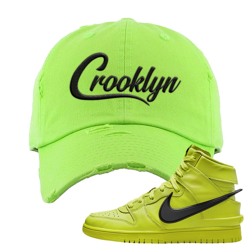 Atomic Green High Dunks Distressed Dad Hat | Crooklyn, Neon Lime