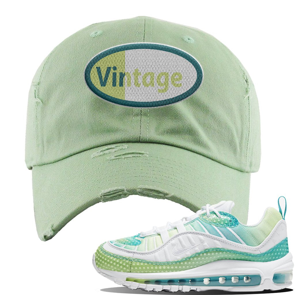 WMNS Air Max 98 Bubble Pack Sneaker Sage Green Distressed Dad Hat | Hat to match Nike WMNS Air Max 98 Bubble Pack Shoes | Vintage Oval