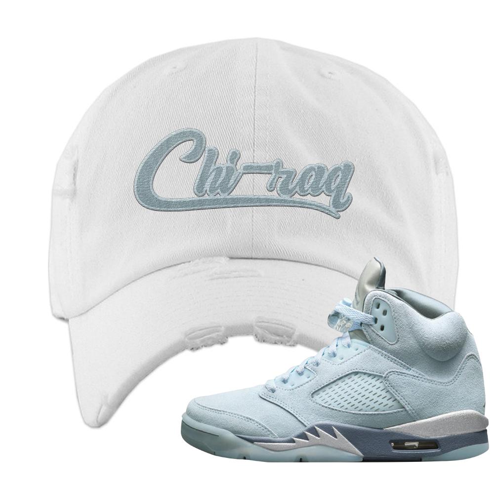 Blue Bird 5s Distressed Dad Hat | Chiraq, White