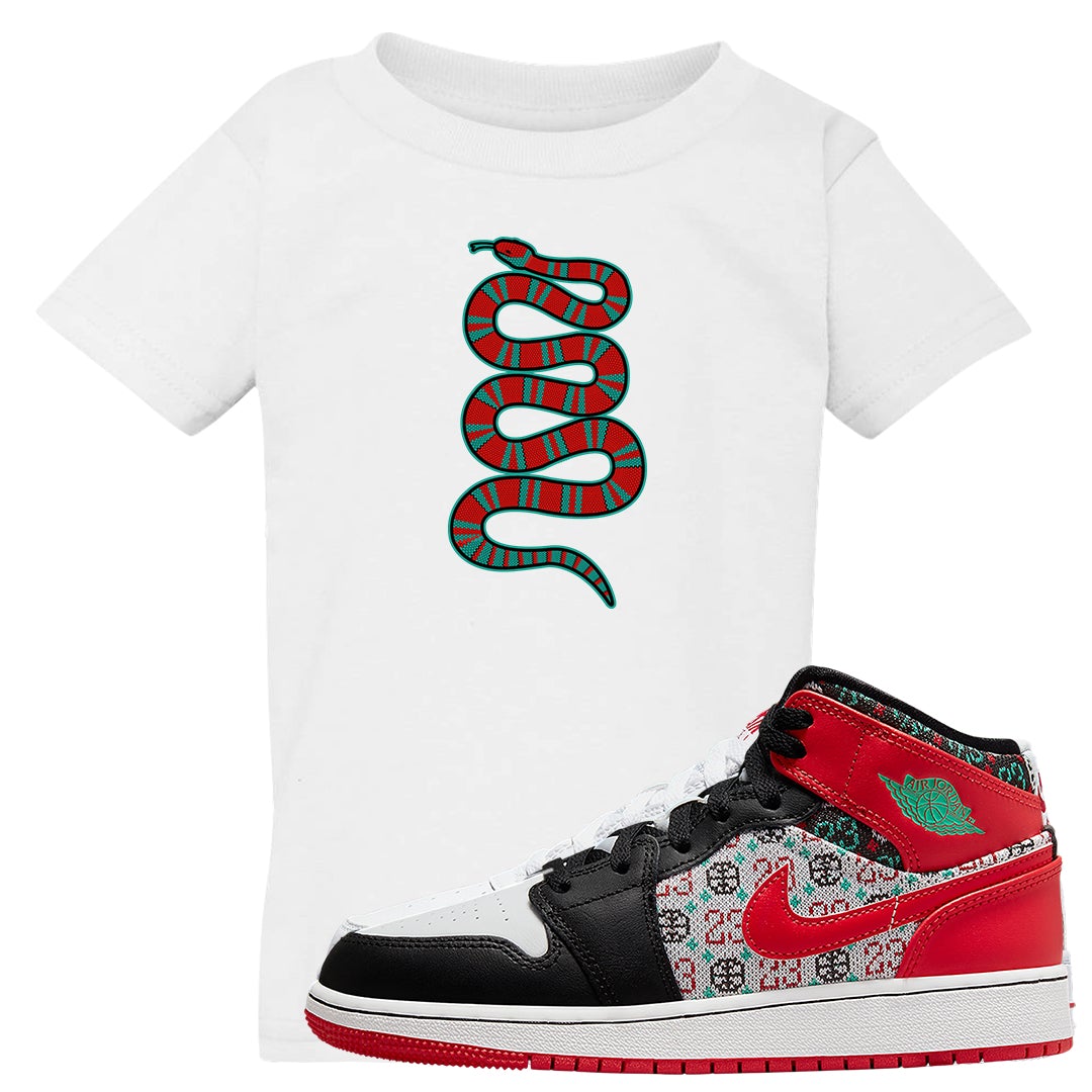 Ugly Sweater GS Mid 1s Kid's T Shirt | Coiled Snake, White