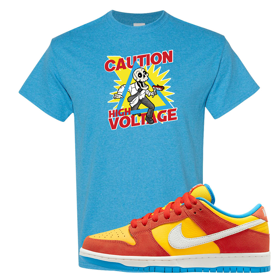 Habanero Red Gold Blue Low Dunks T Shirt | Caution High Voltage, Heather Sapphire