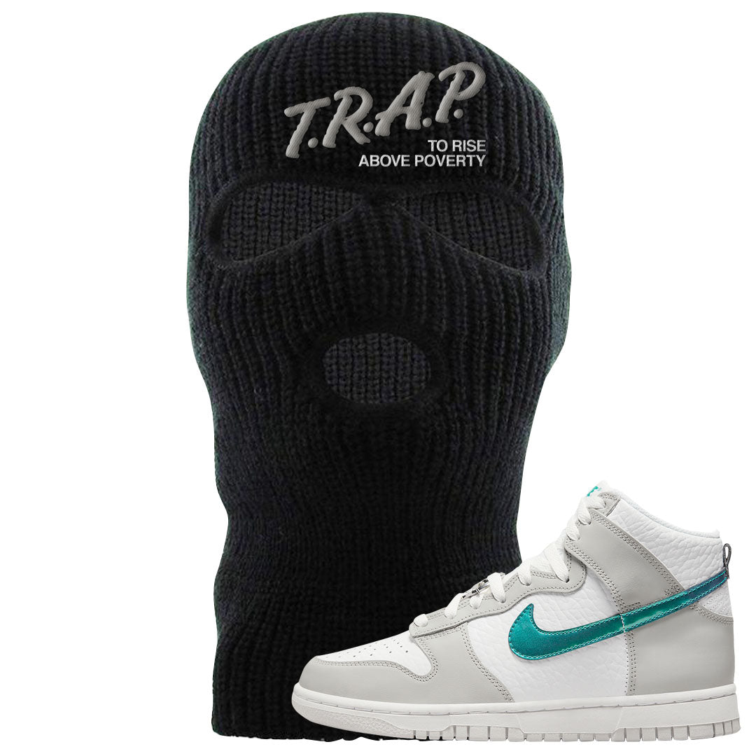 White Grey Turquoise High Dunks Ski Mask | Trap To Rise Above Poverty, Black