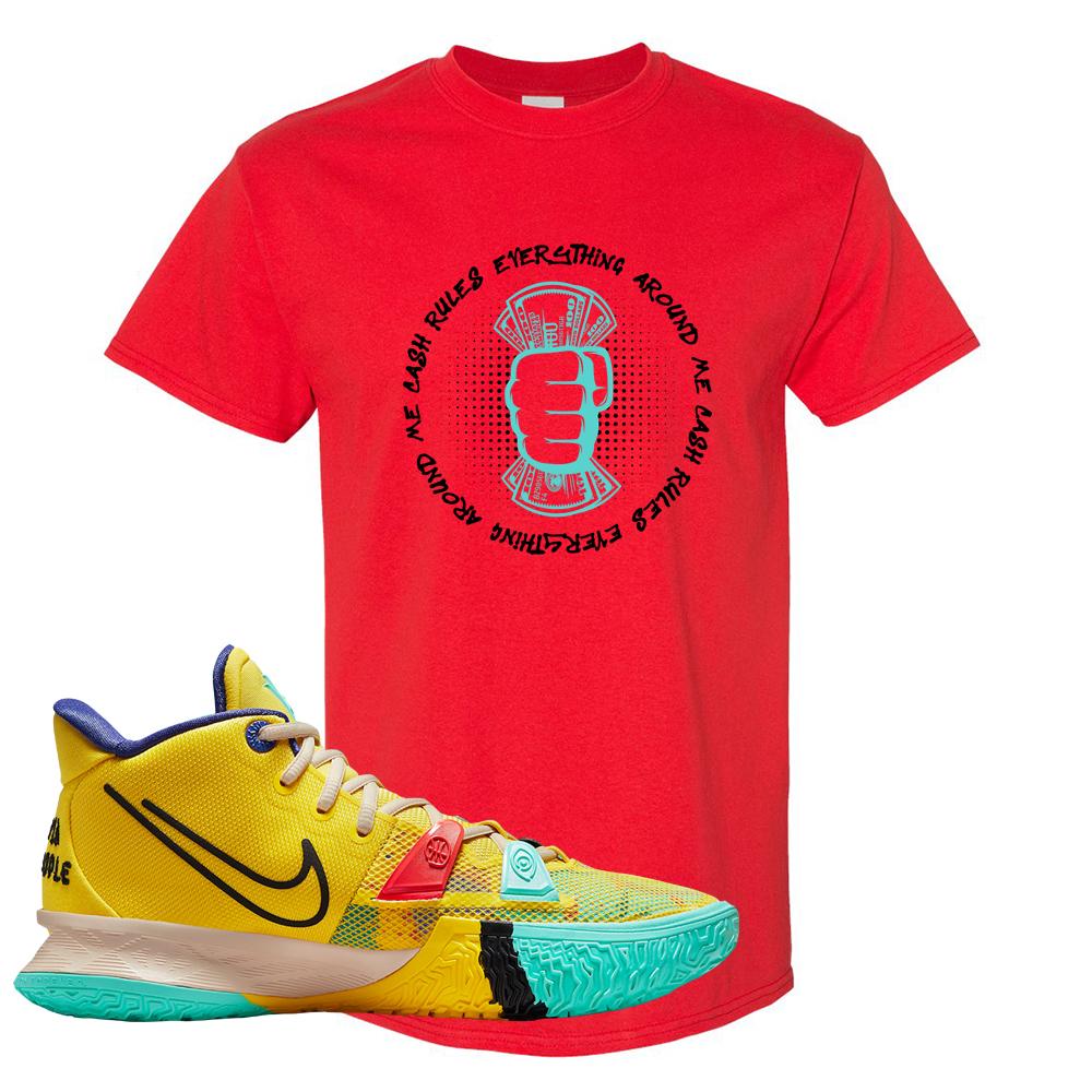 1 World 1 People Yellow 7s T Shirt | Cash Rules Everything Around Me, Red