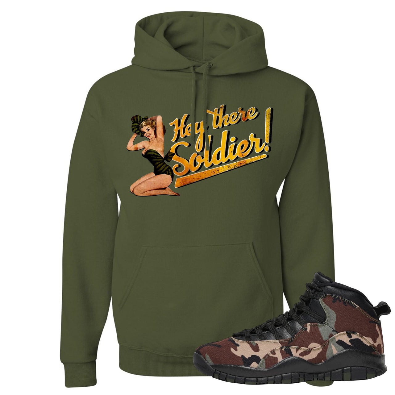 Woodland Camo 10s Hoodie | Hey There Soldier, Military Green