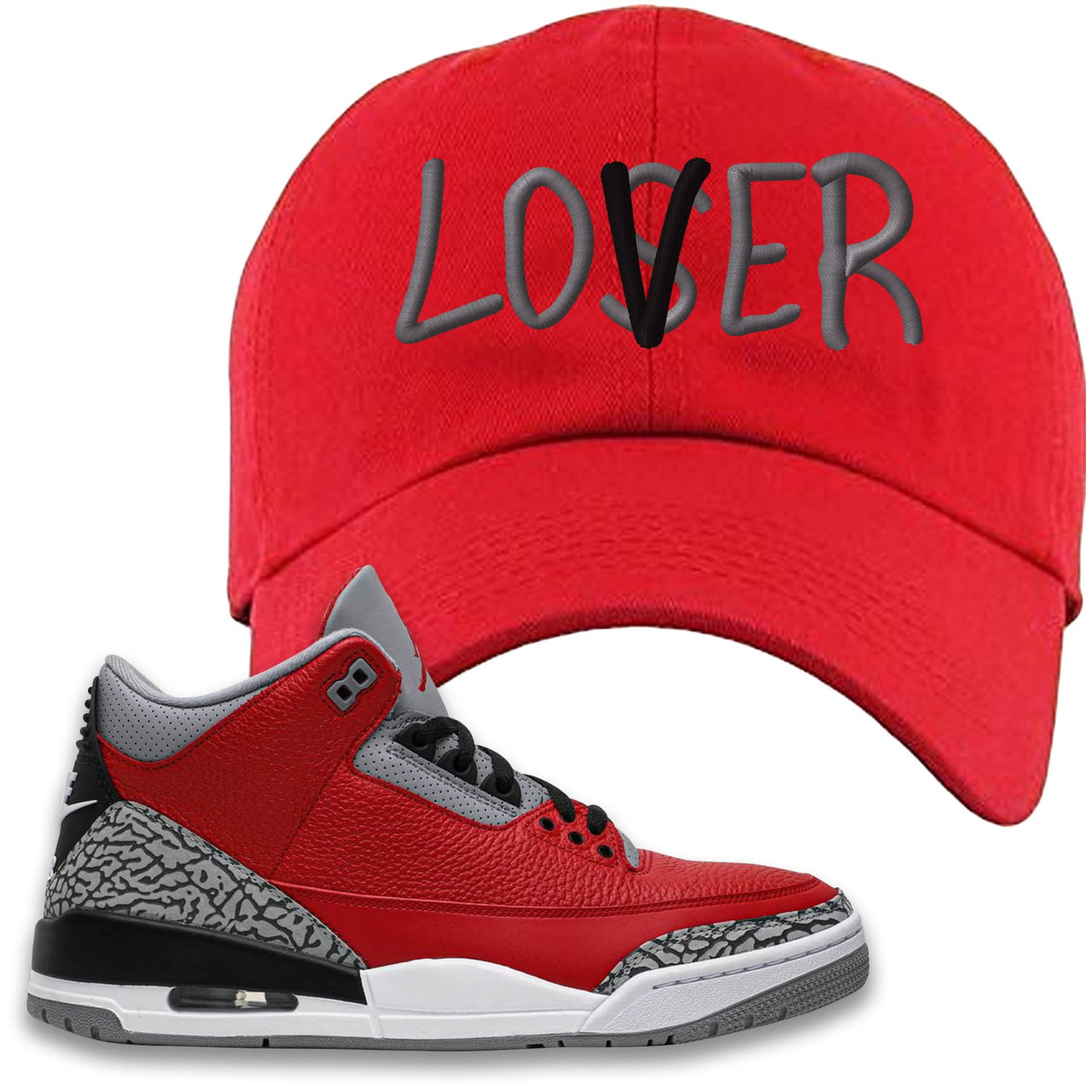 Chicago Exclusive Jordan 3 Red Cement Sneaker Red Dad Hat | Hat to match Jordan 3 All Star Red Cement Shoes | Lover