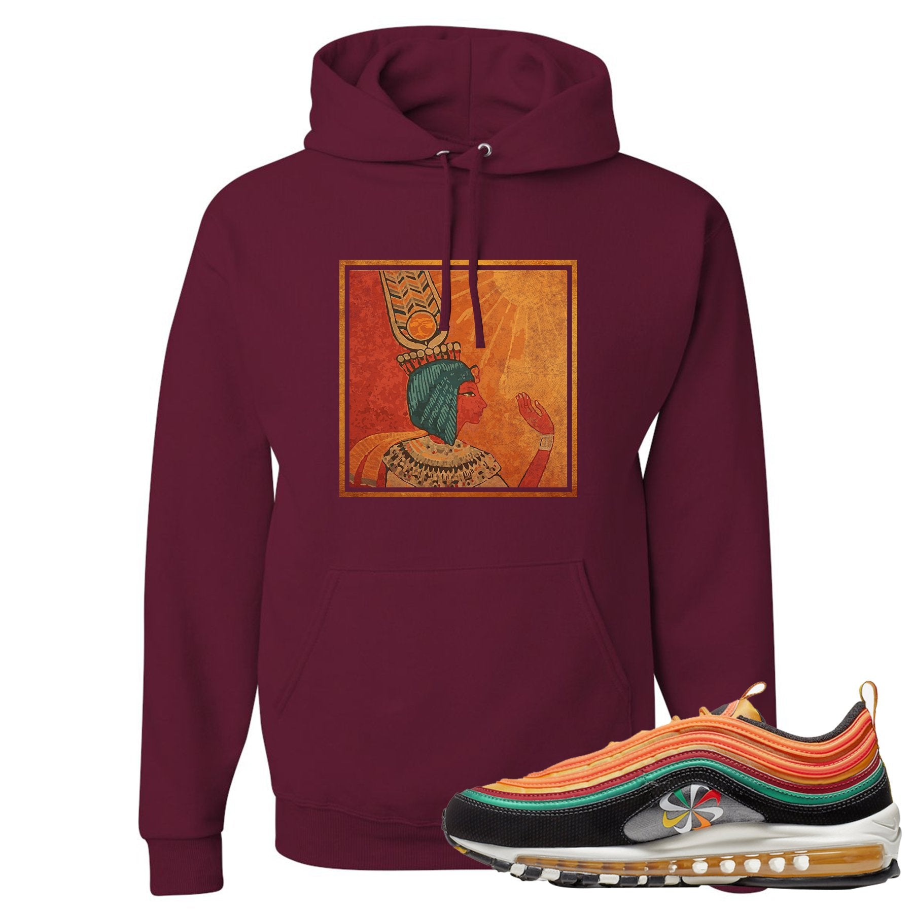 Printed on the front of the Air Max 97 Sunburst maroon sneaker matching pullover hoodie is the Vintage Egyptian logo