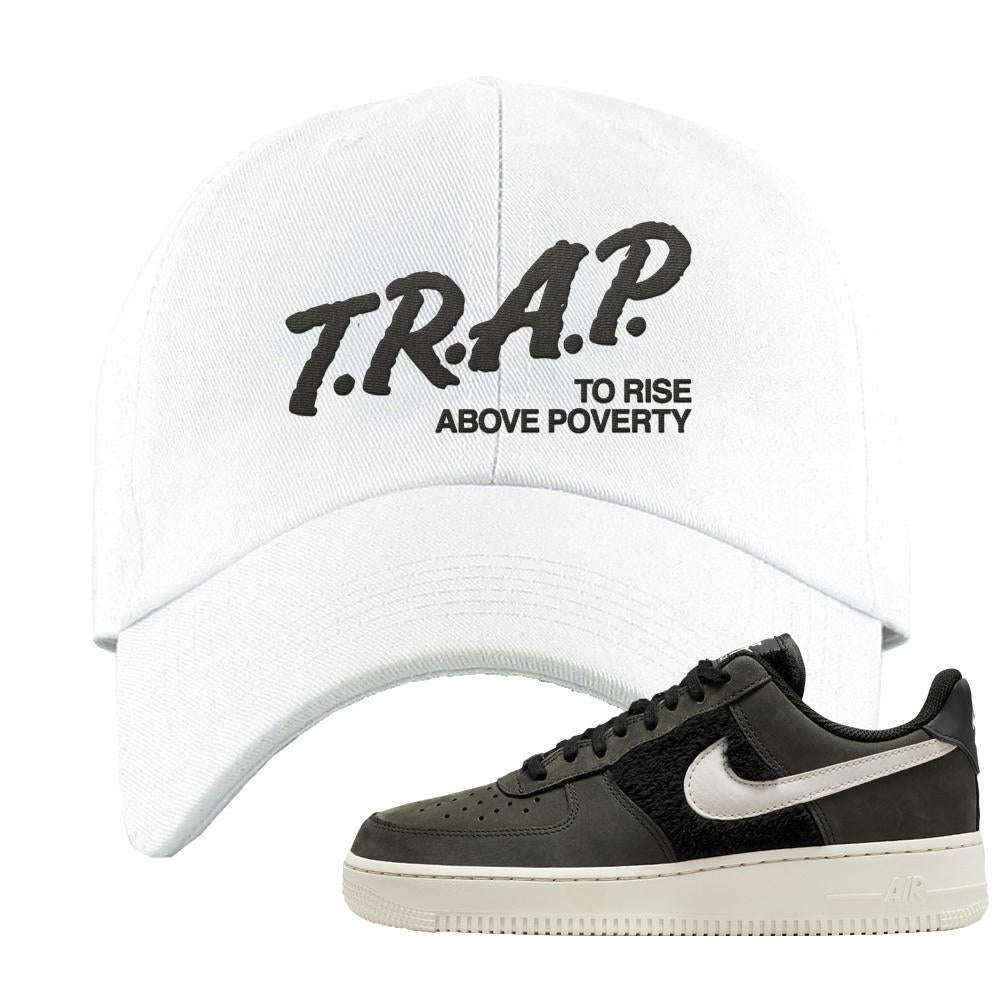 Furry Black Light Bone Low AF 1s Dad Hat | Trap To Rise Above Poverty, White