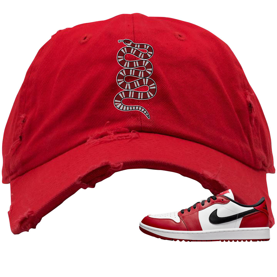 Chicago Golf Low 1s Distressed Dad Hat | Coiled Snake, Red