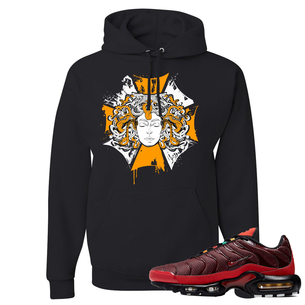 Printed on the front of the air max plus sunburst sneaker matching black pullover hoodie is the medusa sunburst logo