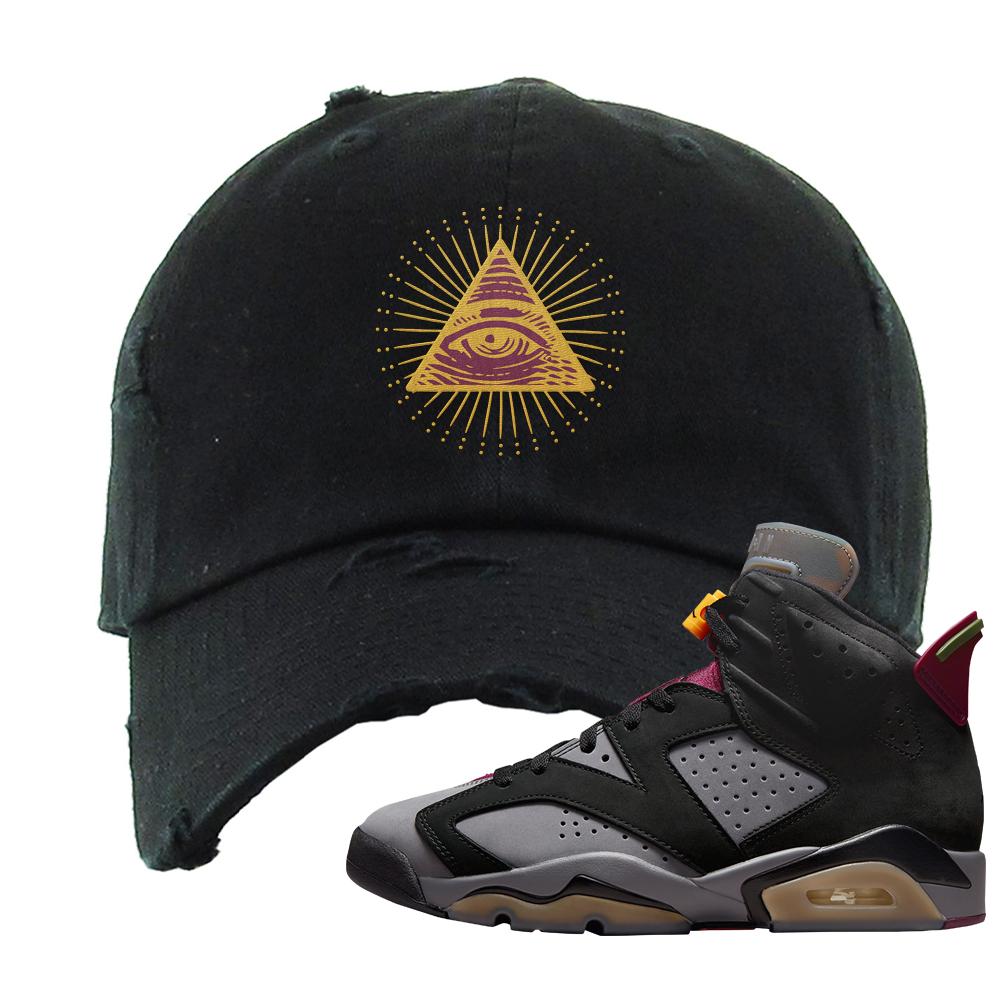 Bordeaux 6s Distressed Dad Hat | All Seeing Eye, Black