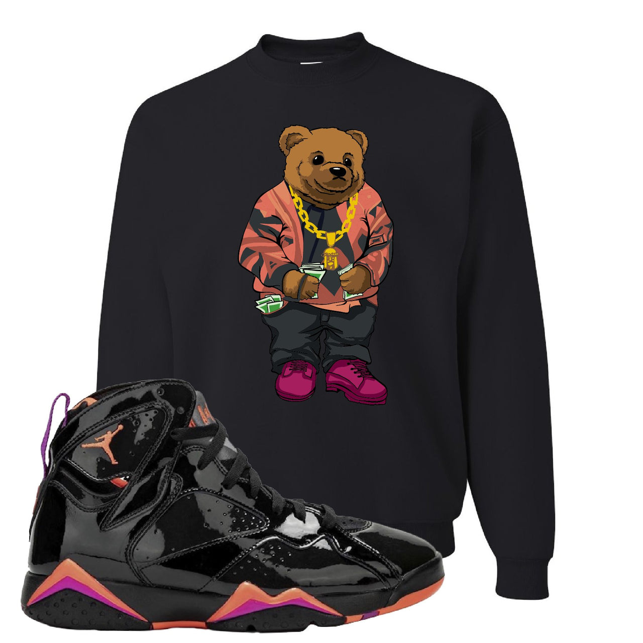 Jordan 7 WMNS Black Patent Leather Sweater Bear Black Sneaker Hook Up Crewneck Sweatshirt