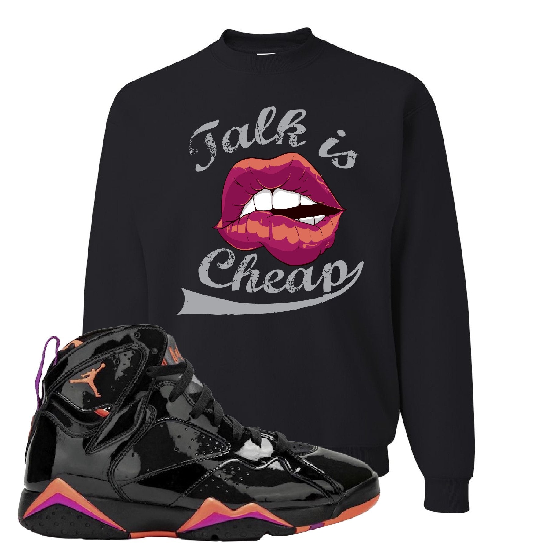 Jordan 7 WMNS Black Patent Leather Talk Is Cheap Black Sneaker Hook Up Crewneck Sweatshirt