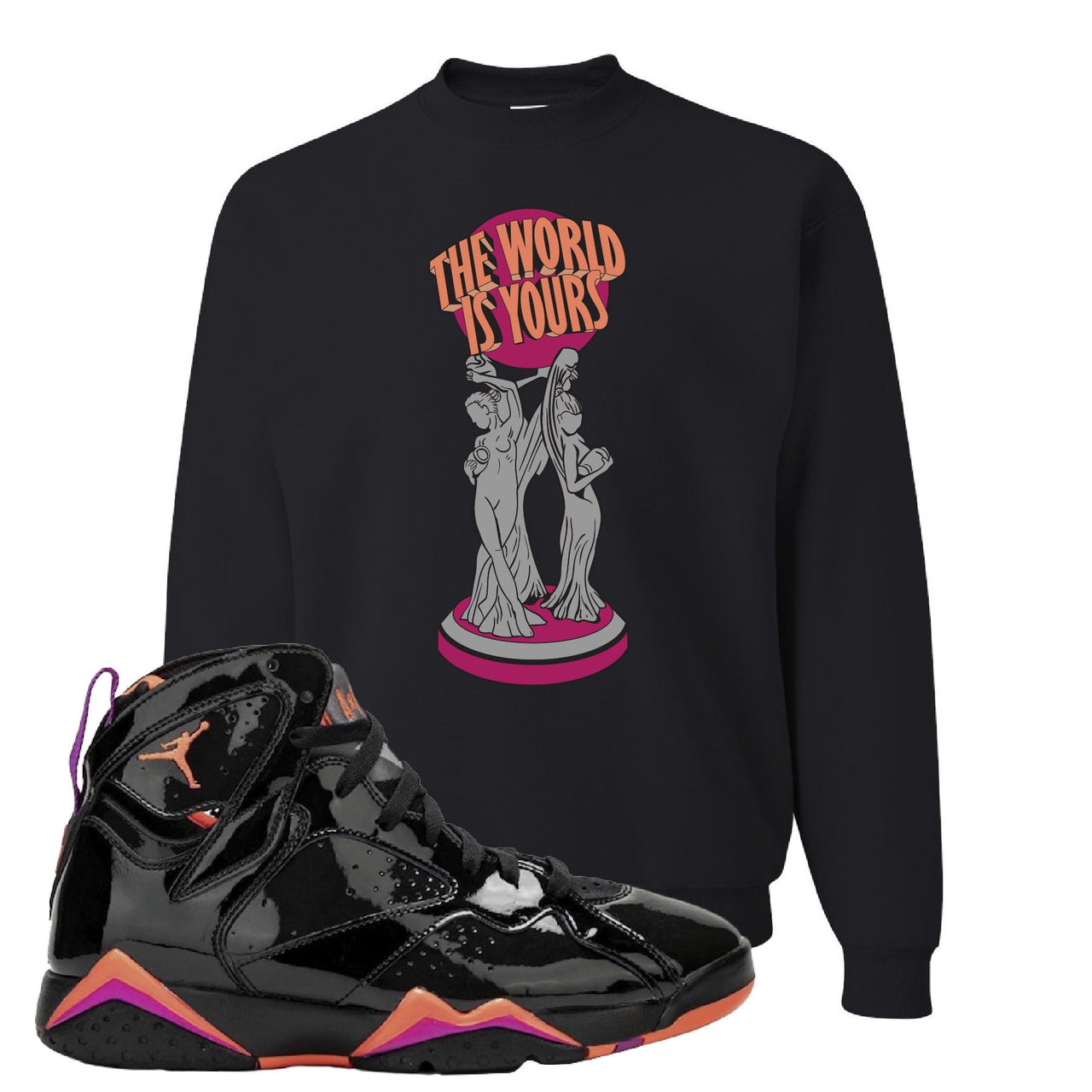 Jordan 7 WMNS Black Patent Leather The World Is Yours Statue Black Sneaker Hook Up Crewneck Sweatshirt
