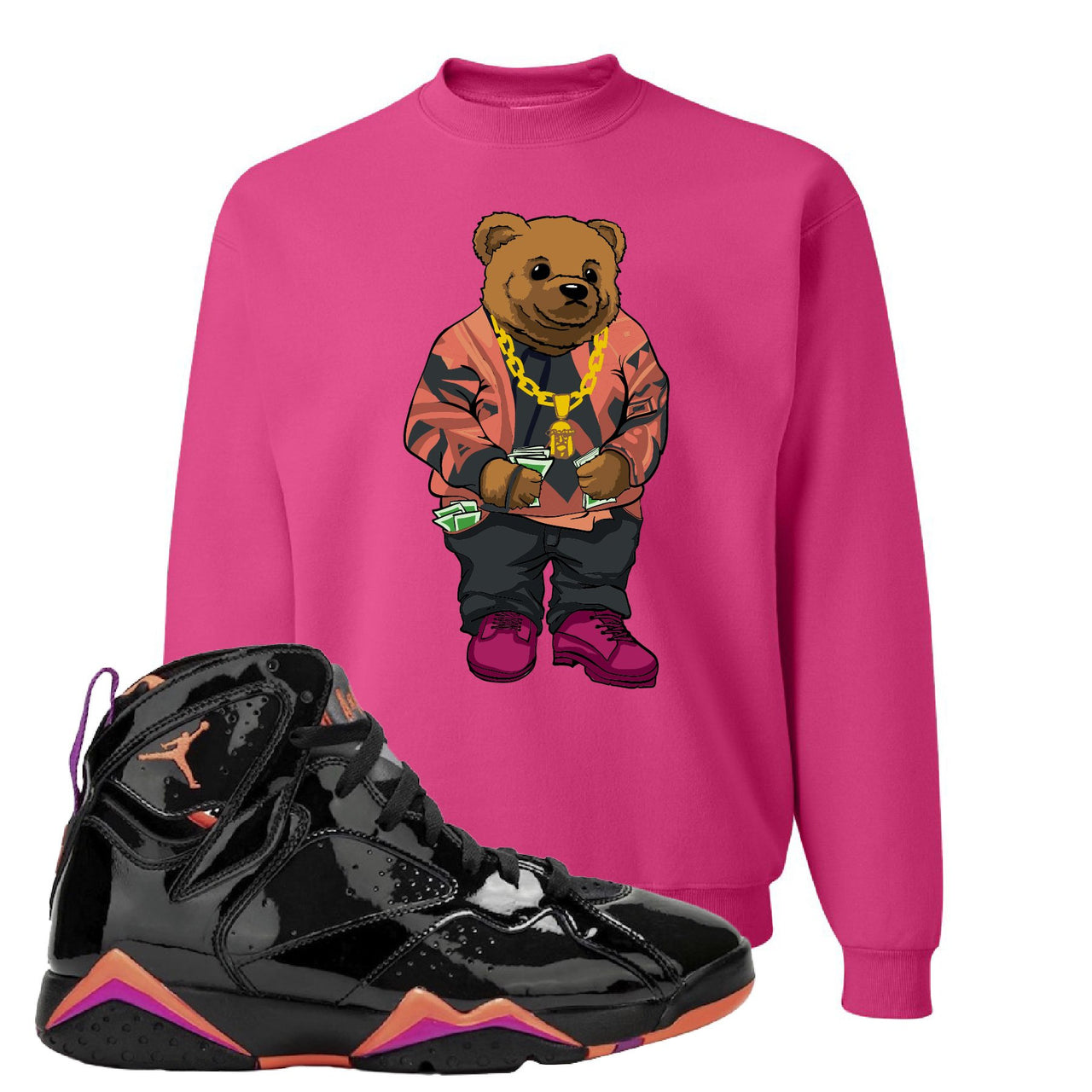 Jordan 7 WMNS Black Patent Leather Sweater Bear Cyber Pink Sneaker Hook Up Crewneck Sweatshirt