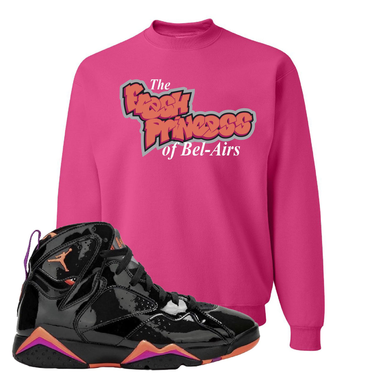Jordan 7 WMNS Black Patent Leather The Fresh Princess of Bel Air Cyber Pink Sneaker Hook Up Crewneck Sweatshirt