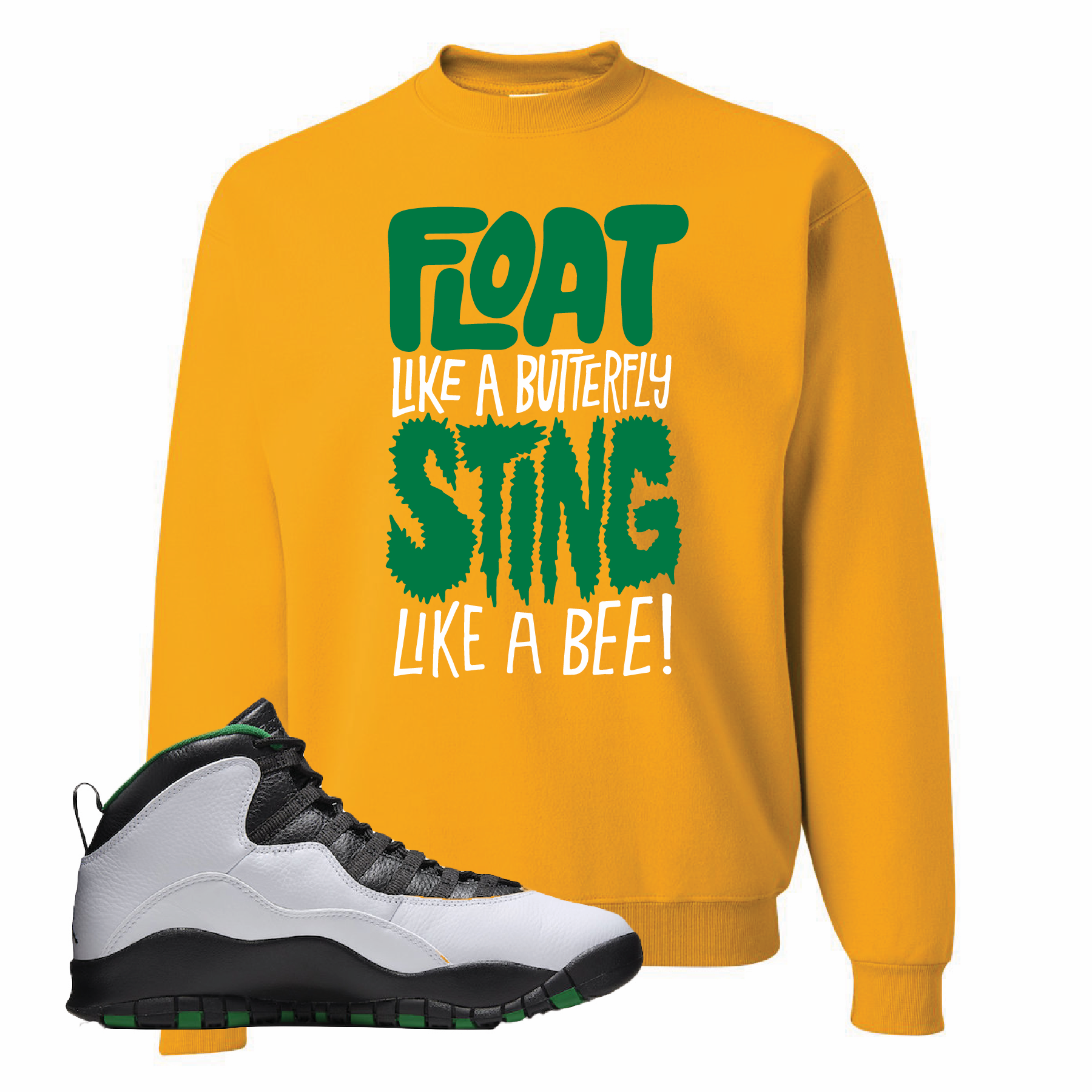 Air Jordan 10 Seattle SuperSonics Float Like a Butterfly Gold Sneaker Matching Crewneck Sweatshirt