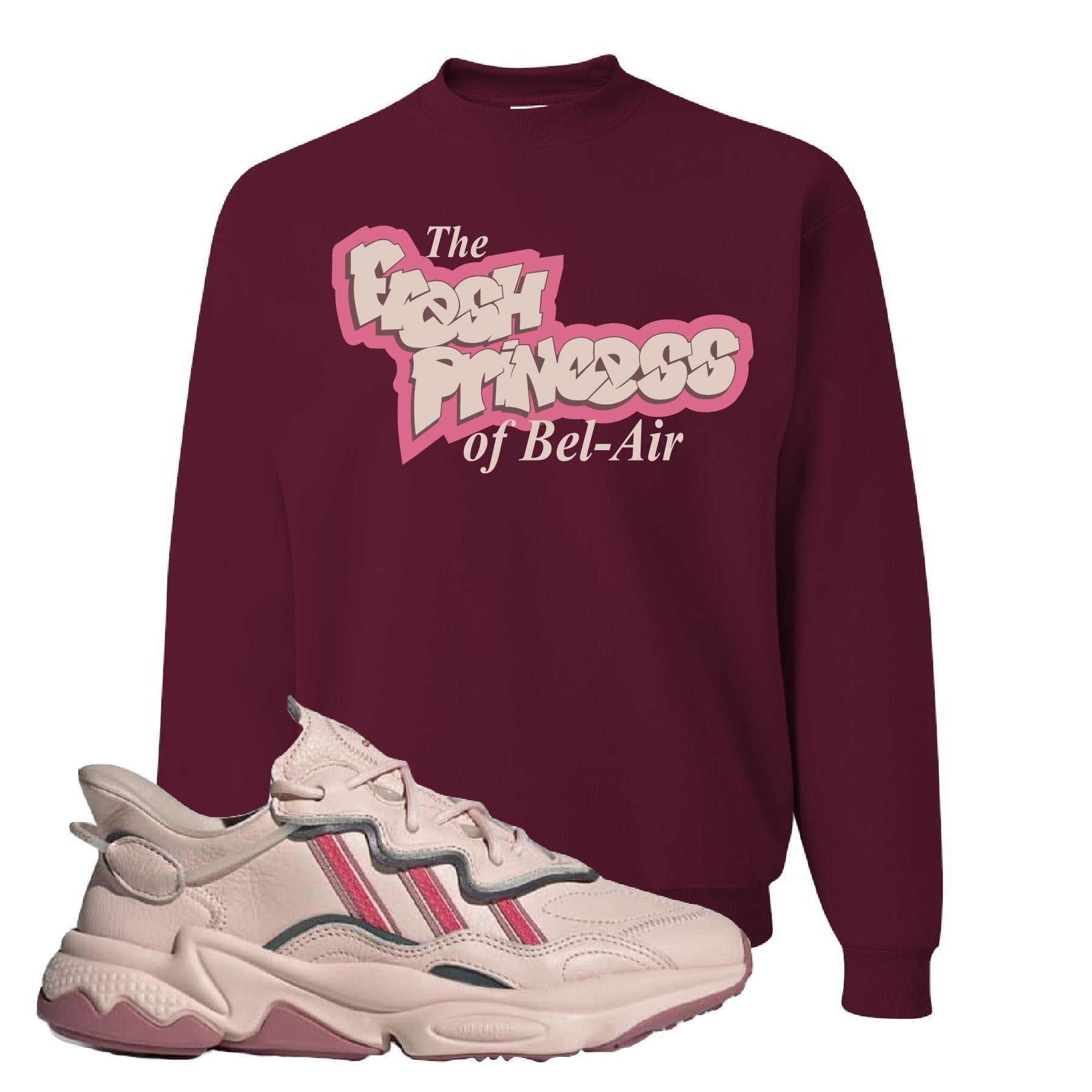 Adidas WMNS Ozweego Icy Pink Fresh Princess of Bel Air Maroon Sneaker Hook Up Crewneck Sweatshirt