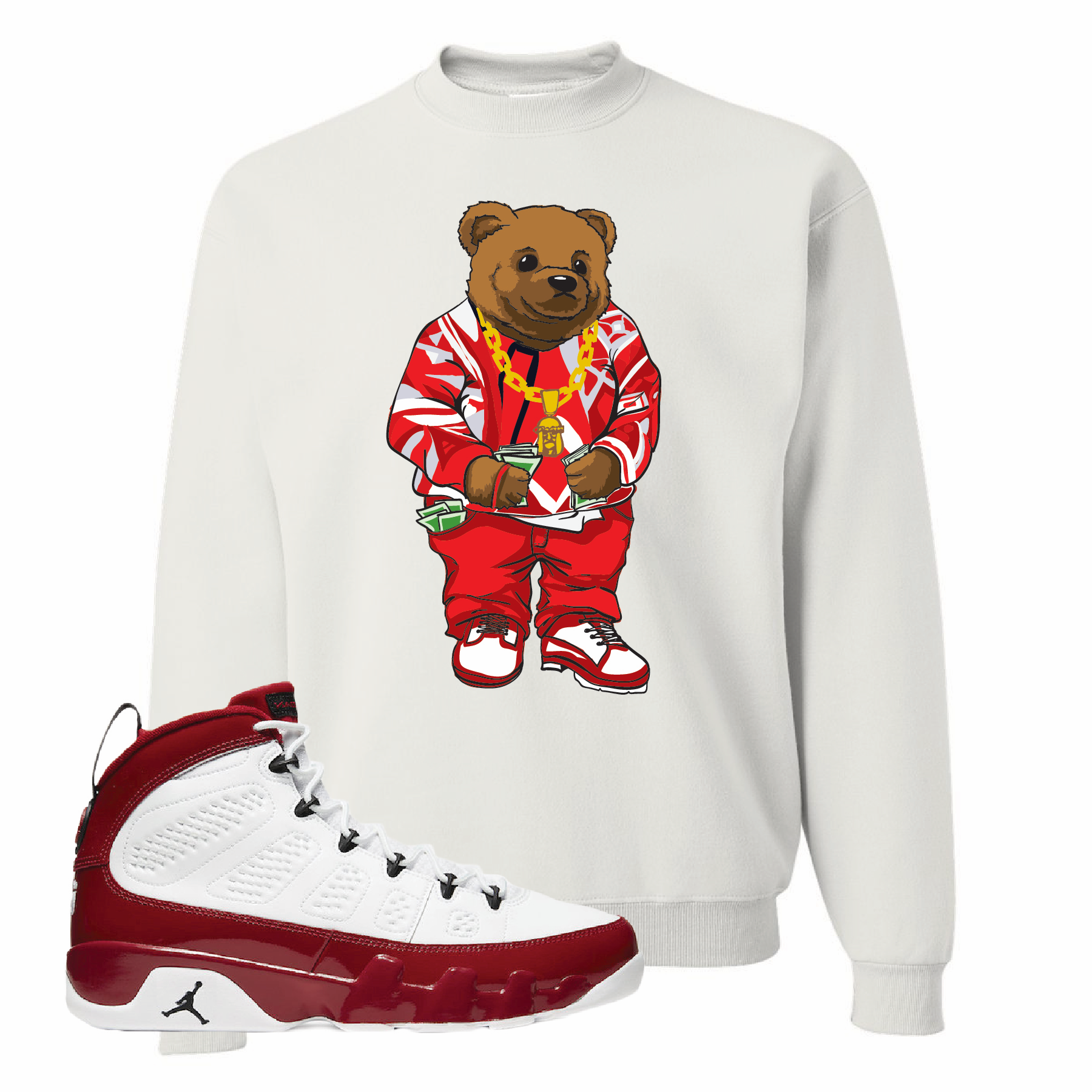 Jordan 9 Gym Red Sweater Bear White Sneaker Hook Up Crewneck Sweatshirt