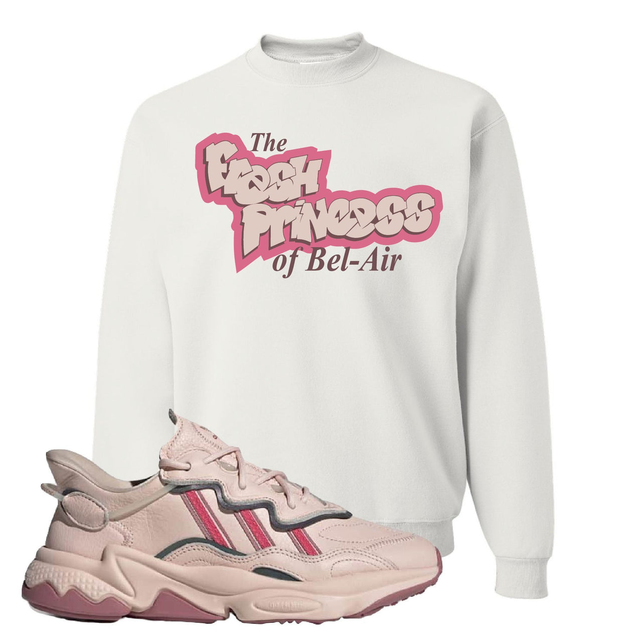Adidas WMNS Ozweego Icy Pink Fresh Princess of Bel Air White Sneaker Hook Up Crewneck Sweatshirt