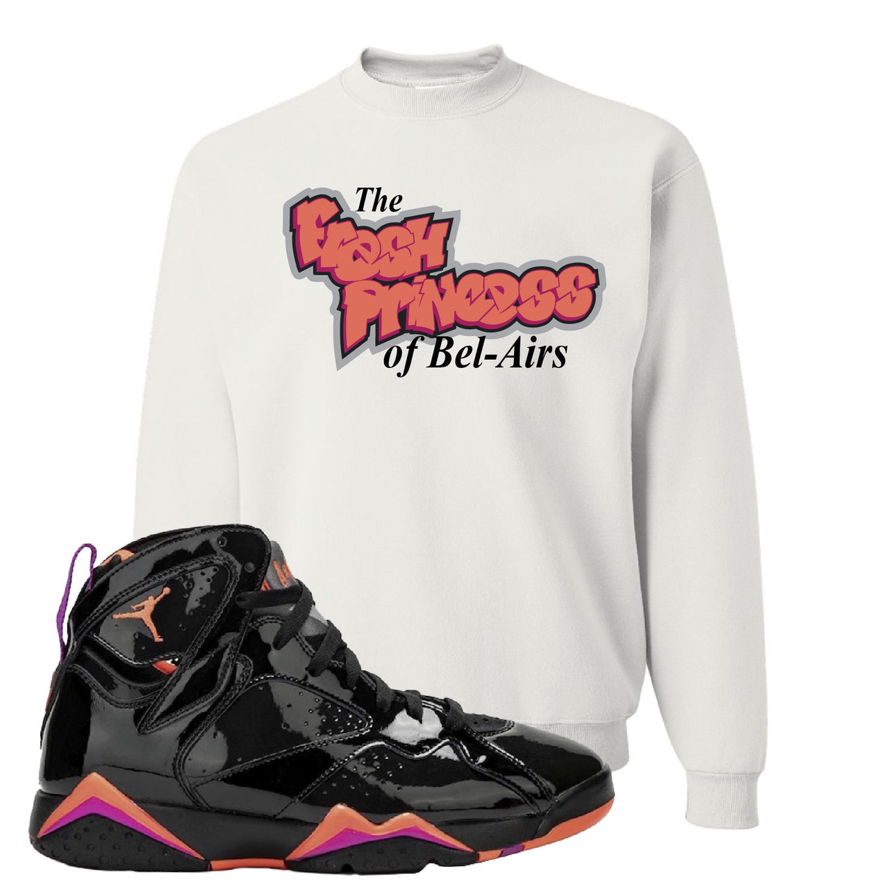 Jordan 7 WMNS Black Patent Leather The Fresh Princess of Bel Air White Sneaker Hook Up Crewneck Sweatshirt