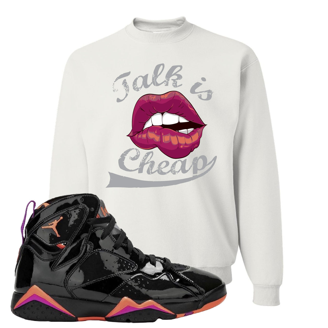 Jordan 7 WMNS Black Patent Leather Talk Is Cheap White Sneaker Hook Up Crewneck Sweatshirt