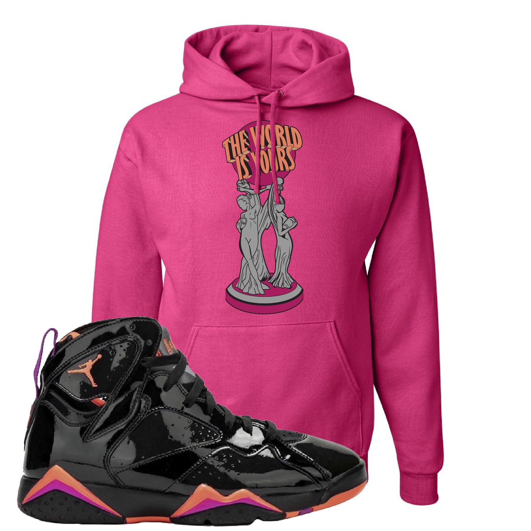 Jordan 7 WMNS Black Patent Leather The World Is Yours Statue Cyber Pink Sneaker Hook Up Pullover Hoodie