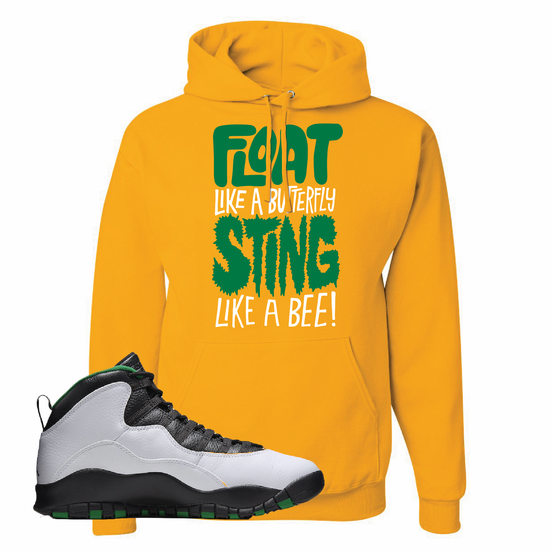 Air Jordan 10 Seattle SuperSonics Float Like a Butterfly Gold Sneaker Matching Pullover Hoodie