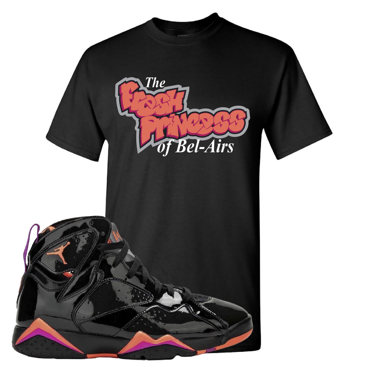 Jordan 7 WMNS Black Patent Leather The Fresh Princess of Bel Air Black Sneaker Hook Up T-Shirt