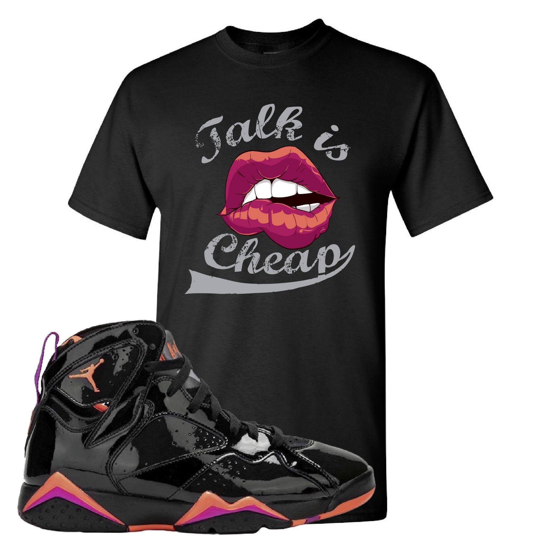 Jordan 7 WMNS Black Patent Leather Talk Is Cheap Black Sneaker Hook Up T-Shirt