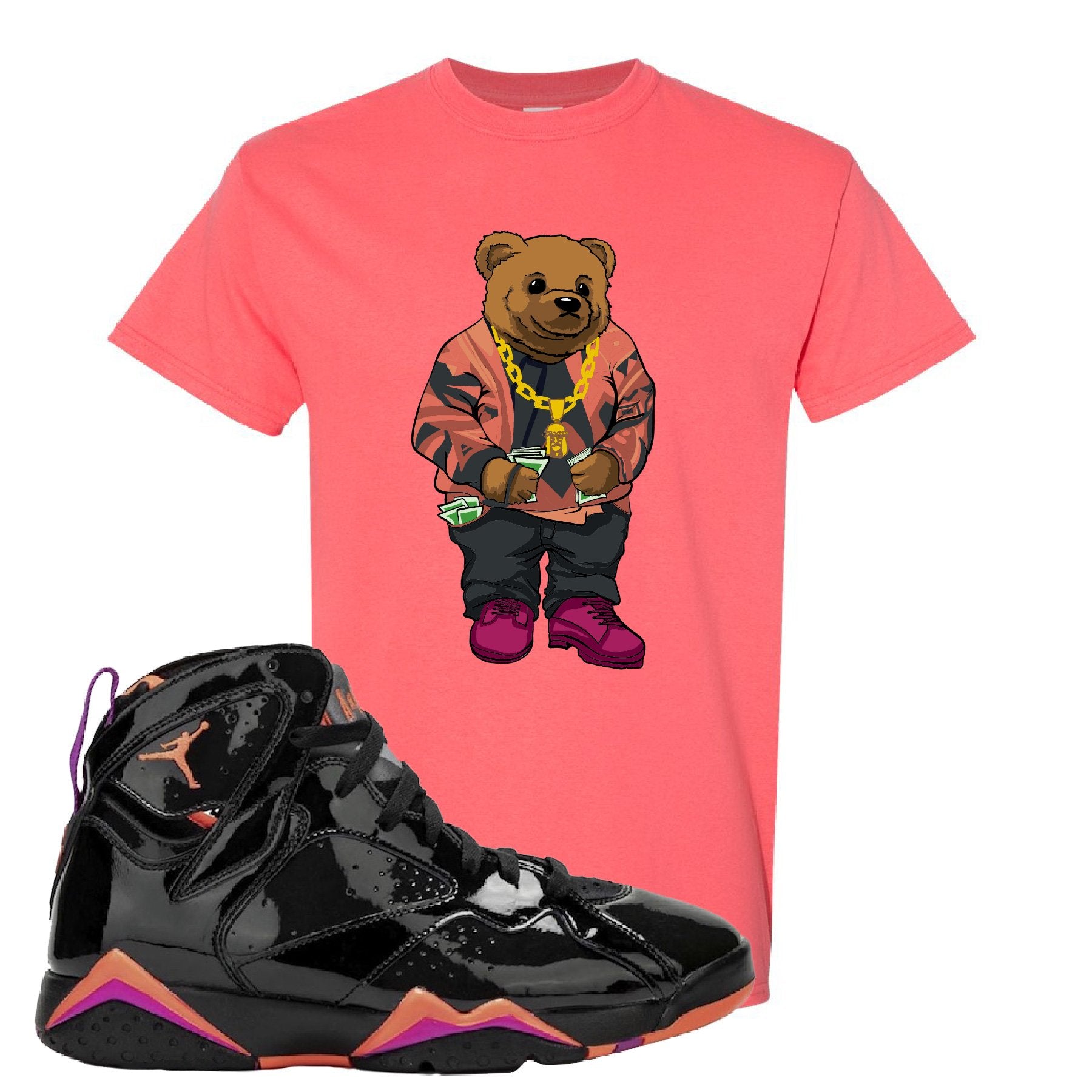 Jordan 7 WMNS Black Patent Leather Sweater Bear Coral Silk Sneaker Hook Up T-Shirt