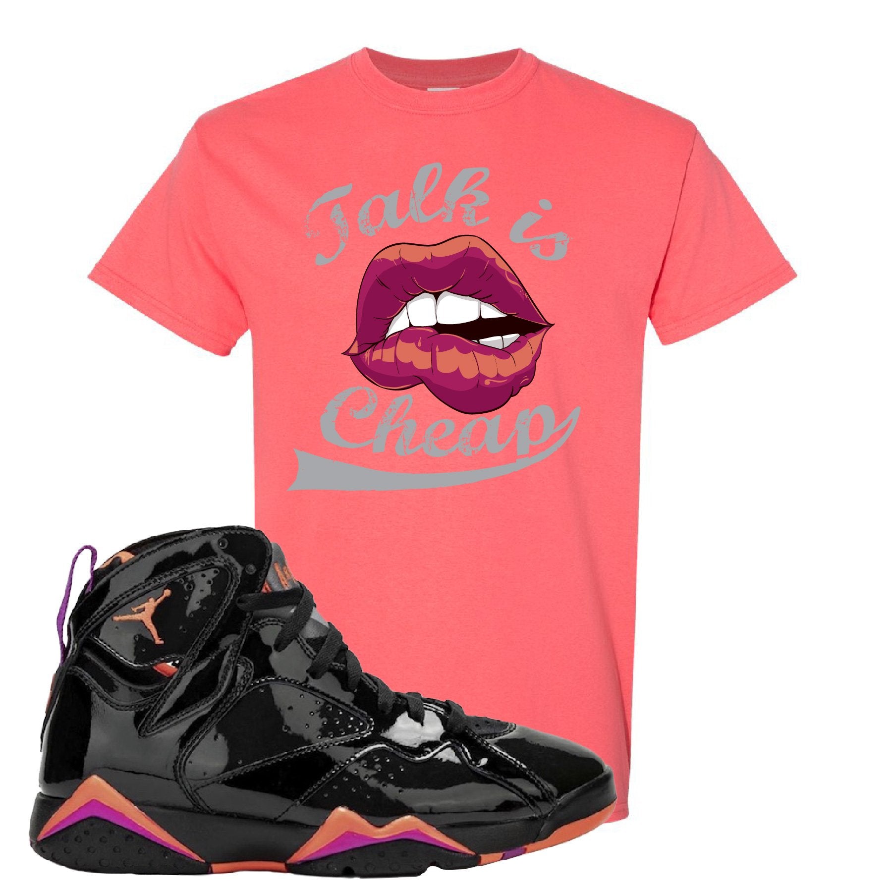 Jordan 7 WMNS Black Patent Leather Talk Is Cheap Coral Silk Sneaker Hook Up T-Shirt