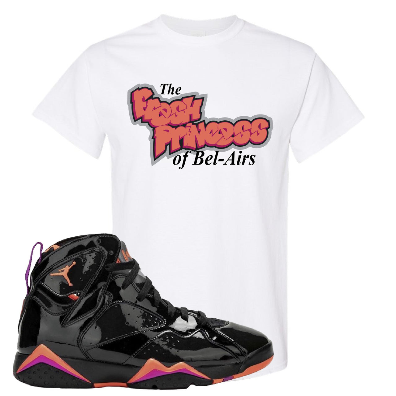 Jordan 7 WMNS Black Patent Leather The Fresh Princess of Bel Air White Sneaker Hook Up T-Shirt