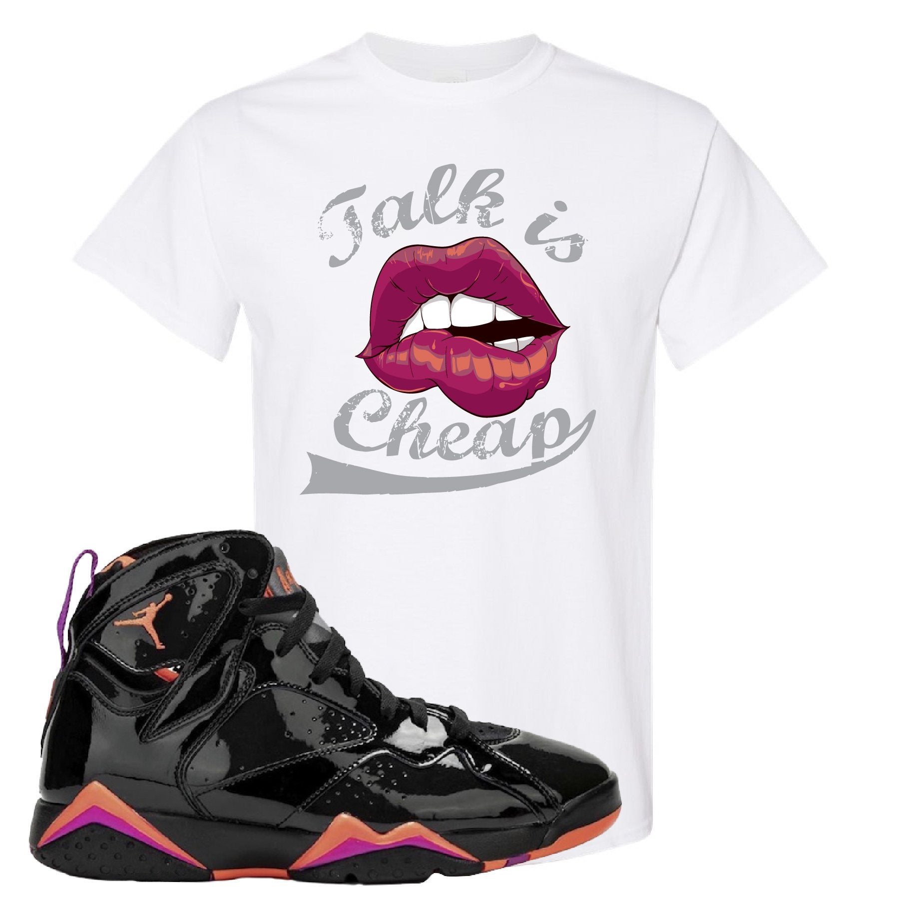 Jordan 7 WMNS Black Patent Leather Talk Is Cheap White Sneaker Hook Up T-Shirt