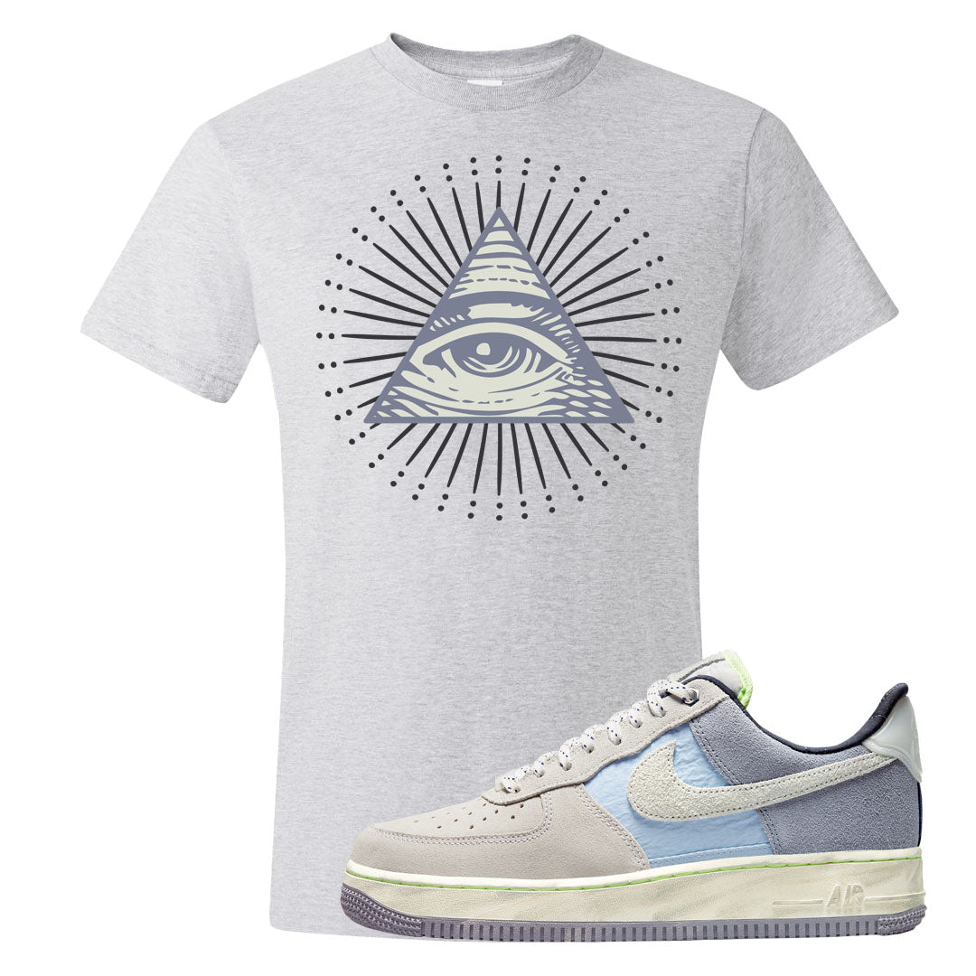 Womens Mountain White Blue AF 1s T Shirt | All Seeing Eye, Ash