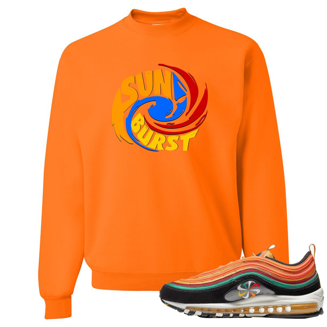 Printed on the front of the Air Max 97 Sunburst safety orange sneaker matching crewneck sweatshirt is the Sunburst Hurricane logo