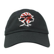 Embroidered on the front of the Foot Clan Bonsai Tree Rising Sun black dad hat is the Bonsai Tree Rising Sun logo embroidered in red, white, and black