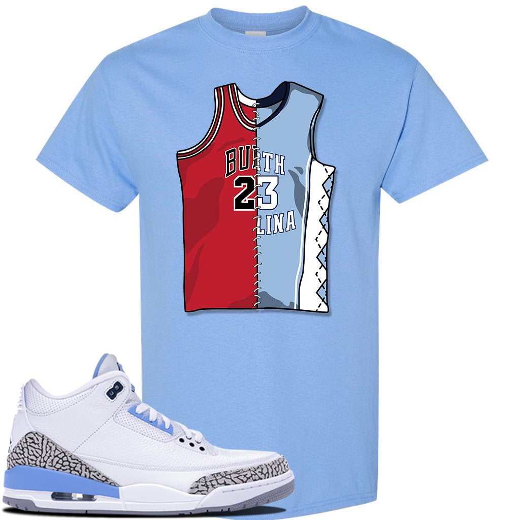 Jordan 3 UNC Sneaker Carolina Blue T Shirt | Tees to match Nike Air Jordan 3 UNC Shoes | Half UNC Half Bulls