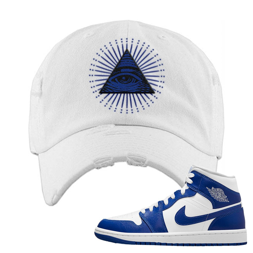 Air Jordan 1 Mid Kentucky Blue Distressed Dad Hat | All Seeing Eye, White