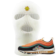 Embroidered on the forehead of the Air Max 97 Sunburst white ski mask is the vintage lion head logo