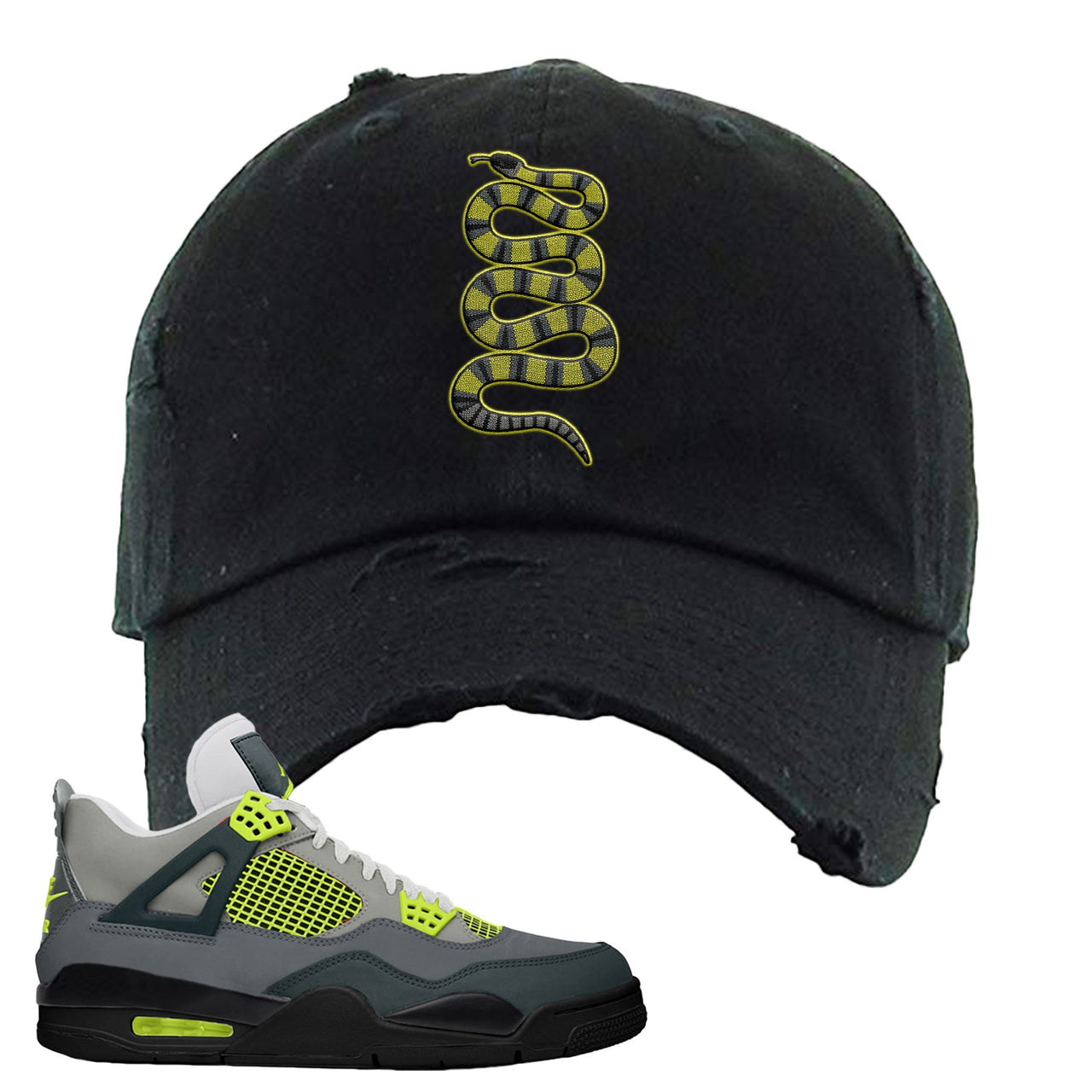 Jordan 4 Neon Sneaker Black Distressed Dad Hat | Hat to match Nike Air Jordan 4 Neon Shoes | Coiled Snake