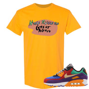 Printed on the front of the gold Air Max 97 Viotech sneaker matching t-shirt is the Make Runners Great Again logo