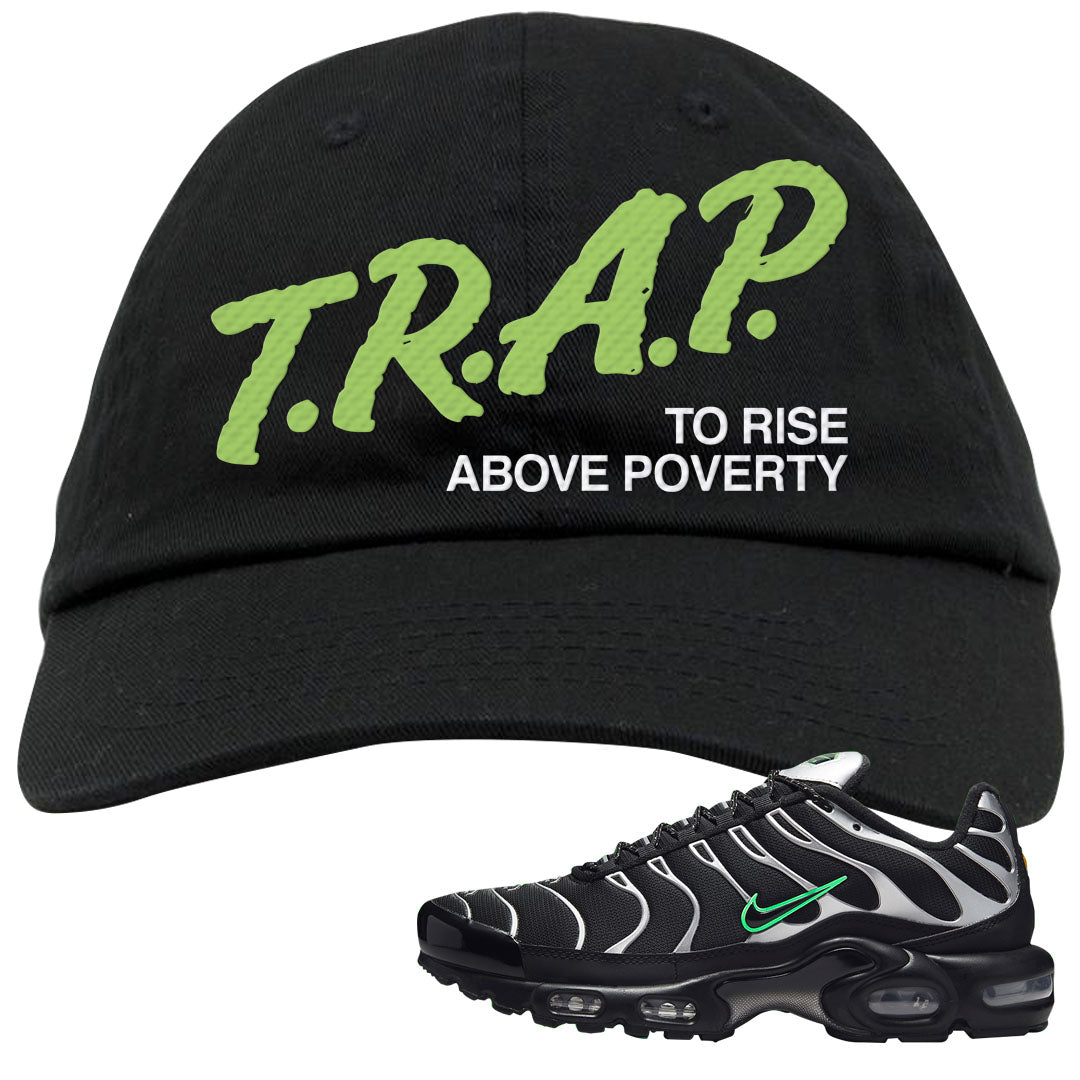 Neon Green Black Grey Pluses Dad Hat | Trap To Rise Above Poverty, Black