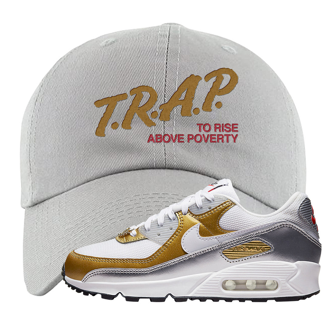 Gold Silver 90s Dad Hat | Trap To Rise Above Poverty, Light Gray