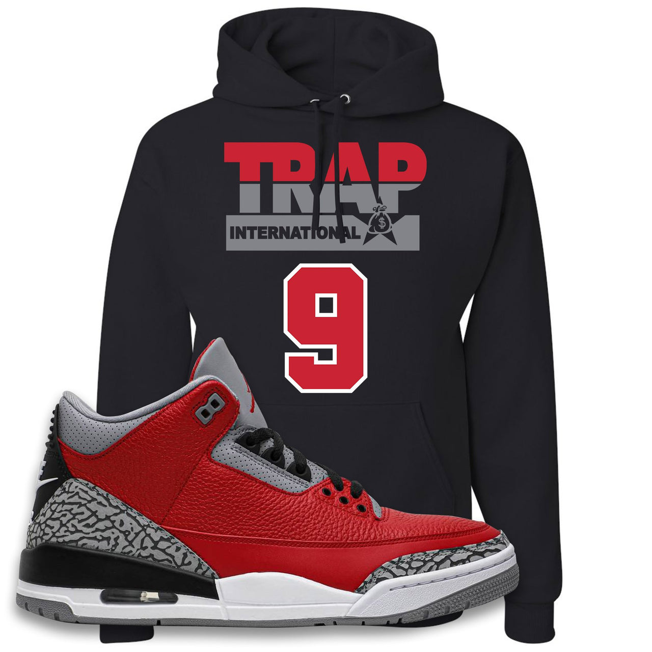 Jordan 3 Red Cement Chicago All-Star Sneaker Black Pullover Hoodie | Hoodie to match Jordan 3 All Star Red Cement Shoes | Trap International