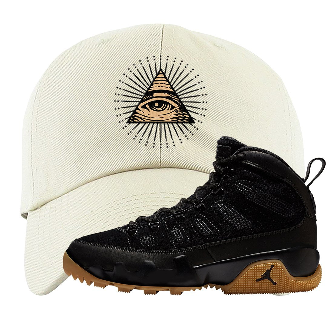 NRG Black Gum Boot 9s Dad Hat | All Seeing Eye, White
