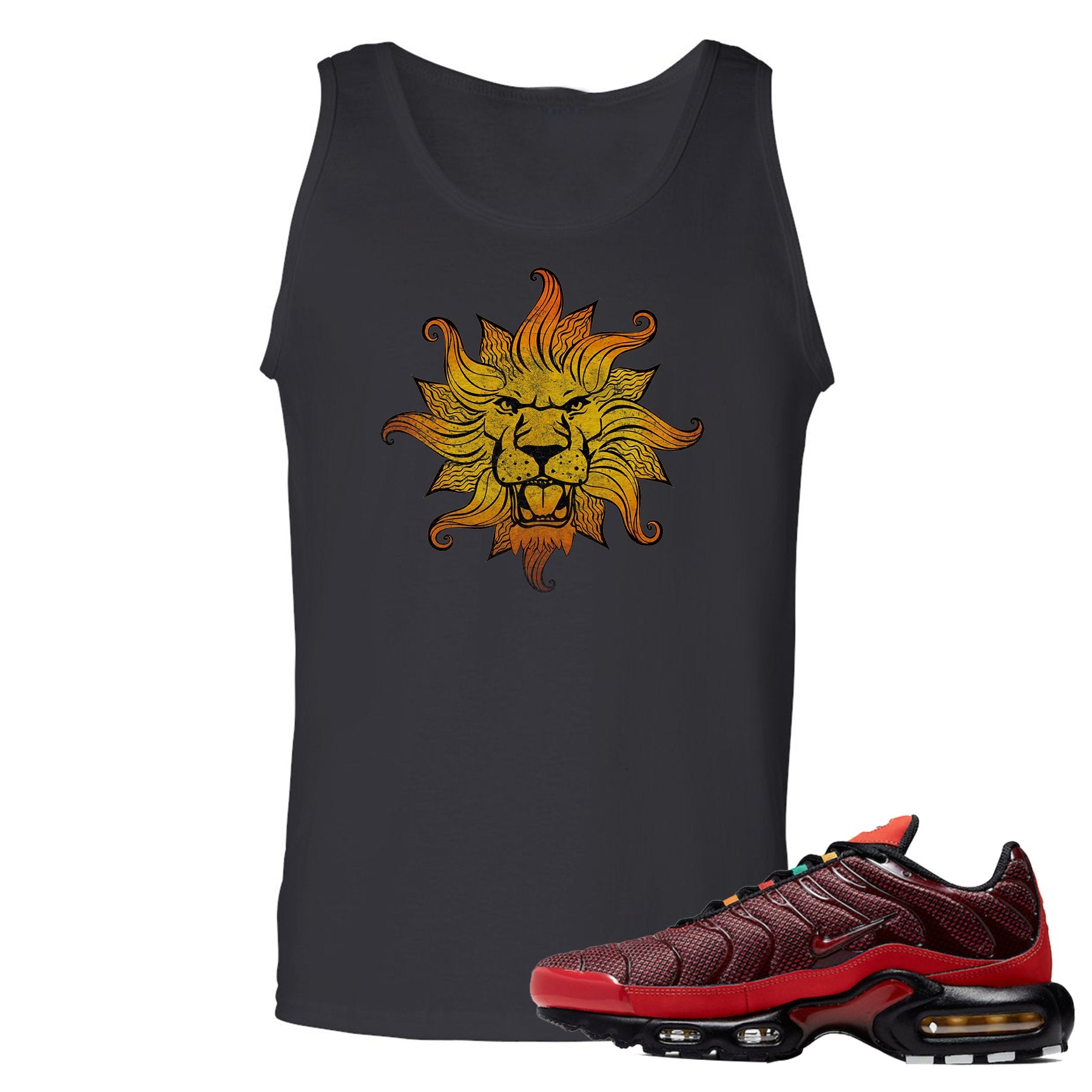 printed on the front of the air max plus sunburst sneaker matching black tank top is the vintage lion head logo